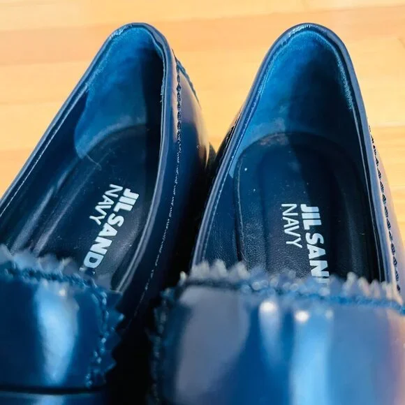 Jil Sander Navy Blue Leather Platform Shoes Eur 38.5 US 8 Chunky Loafers - Picture 13 of 15